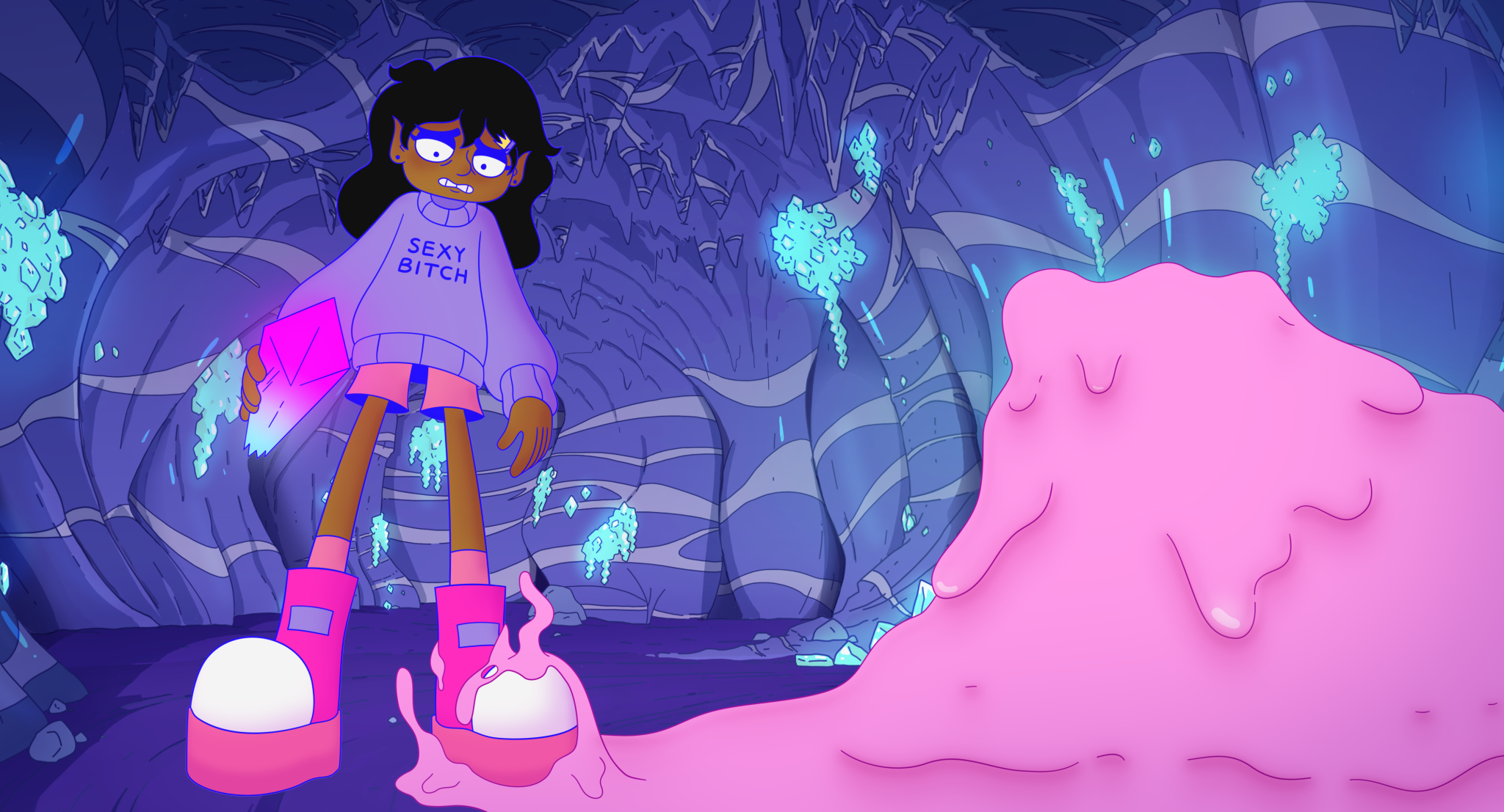 Cartoon of dark girl in a puddle of pink stuff, with a sweater with the text 'sexy bitch' on it